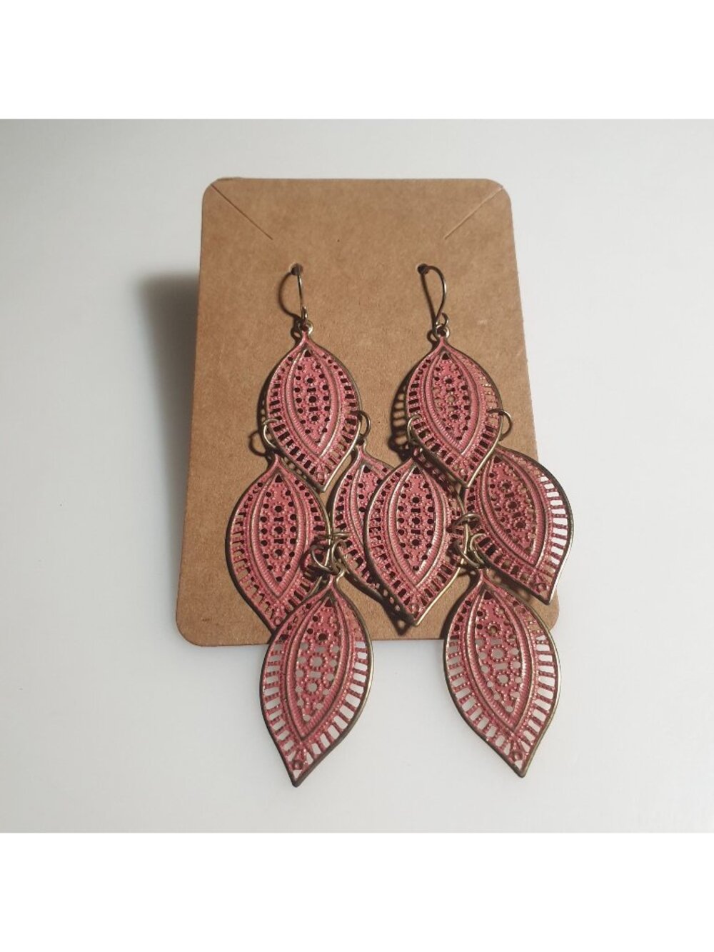 Filigree Tiered Dangle Earring Pink Bronze Lightweight French Hook Vintage Style
